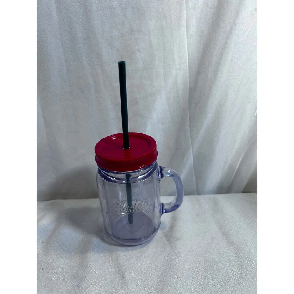Aladdin Mason Jar Tumbler 16oz Purple Red Lid Insulated Plastic Mug with Straw